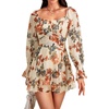 image:imageLYANER Womens Floral Print Off Shoulder Long Sleeve Ruffle Hem Romper Short JumpsuitFloral Beige