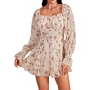 image:imageLYANER Womens Floral Print Off Shoulder Long Sleeve Ruffle Hem Romper Short JumpsuitFloral Beige and Pink