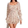 image:imageLYANER Womens Floral Print Off Shoulder Long Sleeve Ruffle Hem Romper Short JumpsuitFloral Beige and Pink