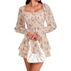 image:imageLYANER Womens Floral Print Off Shoulder Long Sleeve Ruffle Hem Romper Short JumpsuitFloral Beige and Pink