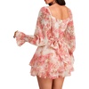 image:imageLYANER Womens Floral Print Off Shoulder Long Sleeve Ruffle Hem Romper Short JumpsuitFloral Orange
