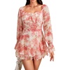 image:imageLYANER Womens Floral Print Off Shoulder Long Sleeve Ruffle Hem Romper Short JumpsuitFloral Orange