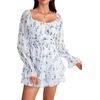 image:imageLYANER Womens Floral Print Off Shoulder Long Sleeve Ruffle Hem Romper Short JumpsuitFloral White and Blue