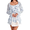 image:imageLYANER Womens Floral Print Off Shoulder Long Sleeve Ruffle Hem Romper Short JumpsuitFloral White and Blue