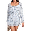 image:imageLYANER Womens Floral Print Off Shoulder Long Sleeve Ruffle Hem Romper Short JumpsuitFloral White and Blue