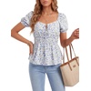 image:imageLYANER Womens Floral Square Neck Puff Short Sleeve Tie Front Ruched Ruffle Peplum Cute Blouse TopLight Blue