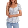 image:imageLYANER Womens Floral Square Neck Puff Short Sleeve Tie Front Ruched Ruffle Peplum Cute Blouse TopLight Blue