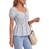 image:imageLYANER Womens Floral Square Neck Puff Short Sleeve Tie Front Ruched Ruffle Peplum Cute Blouse TopLight Blue