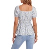 image:imageLYANER Womens Floral Square Neck Puff Short Sleeve Tie Front Ruched Ruffle Peplum Cute Blouse TopLight Blue