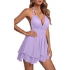 image:imageLYANER Womens Halter Deep V Neck Backless Ruffle Sleeveless Sexy Skater Mini DressSolid Light Purple