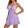 image:imageLYANER Womens Halter Deep V Neck Backless Ruffle Sleeveless Sexy Skater Mini DressSolid Light Purple