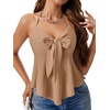 image:imageLYANER Womens Halter V Neck Peplum Cami Tie Knot Front Ruffle Sleeveless Going Out Slim Fit TopsLight Khaki