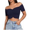 image:imageLYANER Womens Off Shoulder Ruched Short Sleeve Rib Knit Sexy Crop Top BlouseNavy Blue