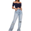 image:imageLYANER Womens Off Shoulder Ruched Short Sleeve Rib Knit Sexy Crop Top BlouseNavy Blue