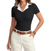 image:imageLYANER Womens Ribbed Collared Color Block Short Sleeve Slim Fit Work Business Tee TopBlack