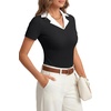 image:imageLYANER Womens Ribbed Collared Color Block Short Sleeve Slim Fit Work Business Tee TopBlack