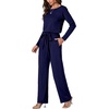 image:imageLYANER Womens Round Neck Long Sleeve Keyhole Back Waist Tie Romper Wide Leg Pant Jumpsuit with pocketsNavy Blue