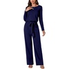 image:imageLYANER Womens Round Neck Long Sleeve Keyhole Back Waist Tie Romper Wide Leg Pant Jumpsuit with pocketsNavy Blue