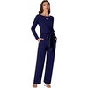 image:imageLYANER Womens Round Neck Long Sleeve Keyhole Back Waist Tie Romper Wide Leg Pant Jumpsuit with pocketsNavy Blue