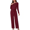 image:imageLYANER Womens Round Neck Long Sleeve Keyhole Back Waist Tie Romper Wide Leg Pant Jumpsuit with pocketsWine Red
