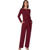 image:imageLYANER Womens Round Neck Long Sleeve Keyhole Back Waist Tie Romper Wide Leg Pant Jumpsuit with pocketsWine Red