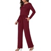 image:imageLYANER Womens Round Neck Long Sleeve Keyhole Back Waist Tie Romper Wide Leg Pant Jumpsuit with pocketsWine Red