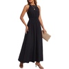 image:imageLYANER Womens Round Neck Sleeveless Smocked Keyhole Flowy Casual Long Dress with PocketsBlack