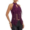 image:imageLYANER Womens Ruffle Sheer Mesh Halter Neck Cut Out Sleeveless Layered Y2k Crop Tank TopDark Purple