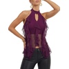 image:imageLYANER Womens Ruffle Sheer Mesh Halter Neck Cut Out Sleeveless Layered Y2k Crop Tank TopDark Purple