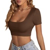 image:imageLYANER Womens Sexy Crop Tops Scoop Neck Short Sleeve Fitted Basic Tee Workout Y2K Summer Cropped T ShirtBrown