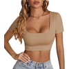 image:imageLYANER Womens Sexy Crop Tops Scoop Neck Short Sleeve Fitted Basic Tee Workout Y2K Summer Cropped T ShirtKhaki