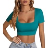 image:imageLYANER Womens Sexy Crop Tops Scoop Neck Short Sleeve Fitted Basic Tee Workout Y2K Summer Cropped T ShirtPeacock Green
