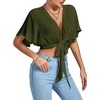 image:imageLYANER Womens Sexy Deep V Neck Tie Front Wrap Cropped Blouse Bell Short Sleeve Ruffle Crop TopsArmy Green