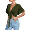 image:imageLYANER Womens Sexy Deep V Neck Tie Front Wrap Cropped Blouse Bell Short Sleeve Ruffle Crop TopsArmy Green