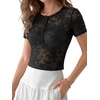 image:imageLYANER Womens Sheer Floral Lace Mesh Top Round Neck Short Sleeve Sexy Crop Tops Going Out Club Tee ShirtsBlack