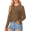 image:imageLYANER Womens Sheer Mesh Long Sleeve Round Neck Sexy See Through Blouse Shirt TopBrown01