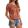 image:imageLYANER Womens Smocked Round Neck Ruched Ruffle Short Sleeve Loose Fit Boho Blouse TopsWine Red