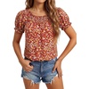 image:imageLYANER Womens Smocked Round Neck Ruched Ruffle Short Sleeve Loose Fit Boho Blouse TopsWine Red