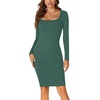 image:imageLYANER Womens Square Neck Long Sleeve Fall Elastic Knee Length Bodycon Bodice Mini DressDark Green