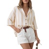 image:imageLYANER Womens Striped Collared Button Down 34 Sleeve Loose Fit Dressy Casual BlouseYellow