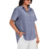 image:imageLYANER Womens Striped Collared V Neck Button Down Back Split Short Sleeve Casual Shirt TopsNavy Blue