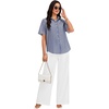 image:imageLYANER Womens Striped Collared V Neck Button Down Back Split Short Sleeve Casual Shirt TopsNavy Blue