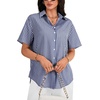 image:imageLYANER Womens Striped Collared V Neck Button Down Back Split Short Sleeve Casual Shirt TopsNavy Blue