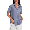 image:imageLYANER Womens Striped Collared V Neck Button Down Back Split Short Sleeve Casual Shirt TopsNavy Blue