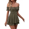 image:imageLYANER Womens Summer Off The Shoulder Wrap Tie Back Short Sleeve Ruffle Romper Dress Short JumpsuitArmy Green