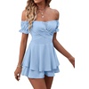 image:imageLYANER Womens Summer Off The Shoulder Wrap Tie Back Short Sleeve Ruffle Romper Dress Short JumpsuitAzure