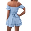 image:imageLYANER Womens Summer Off The Shoulder Wrap Tie Back Short Sleeve Ruffle Romper Dress Short JumpsuitAzure