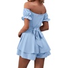 image:imageLYANER Womens Summer Off The Shoulder Wrap Tie Back Short Sleeve Ruffle Romper Dress Short JumpsuitAzure