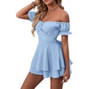 image:imageLYANER Womens Summer Off The Shoulder Wrap Tie Back Short Sleeve Ruffle Romper Dress Short JumpsuitAzure