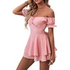 image:imageLYANER Womens Summer Off The Shoulder Wrap Tie Back Short Sleeve Ruffle Romper Dress Short JumpsuitBaby Pink